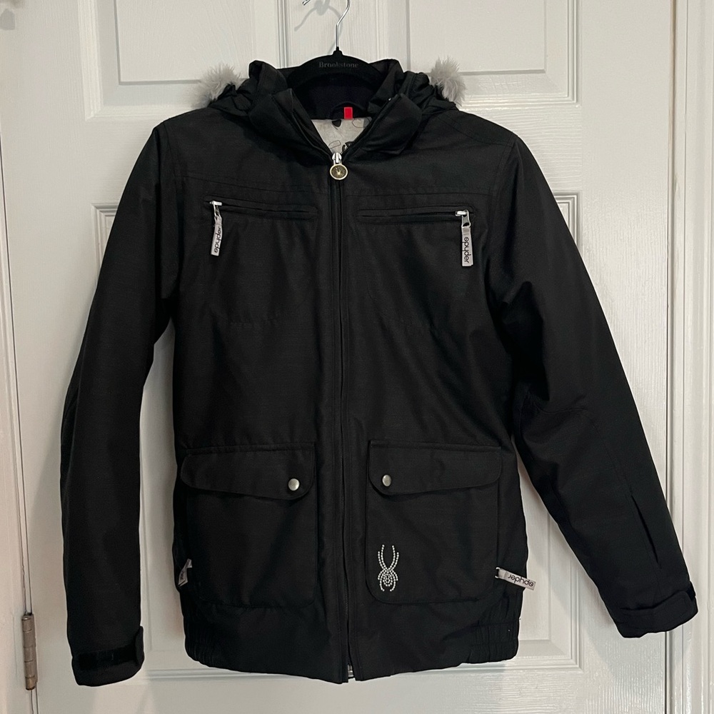 Girls Black Hooded Jacket with Fur Trim